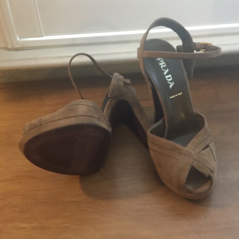 Prada suede taupe peep toe heel, size 37